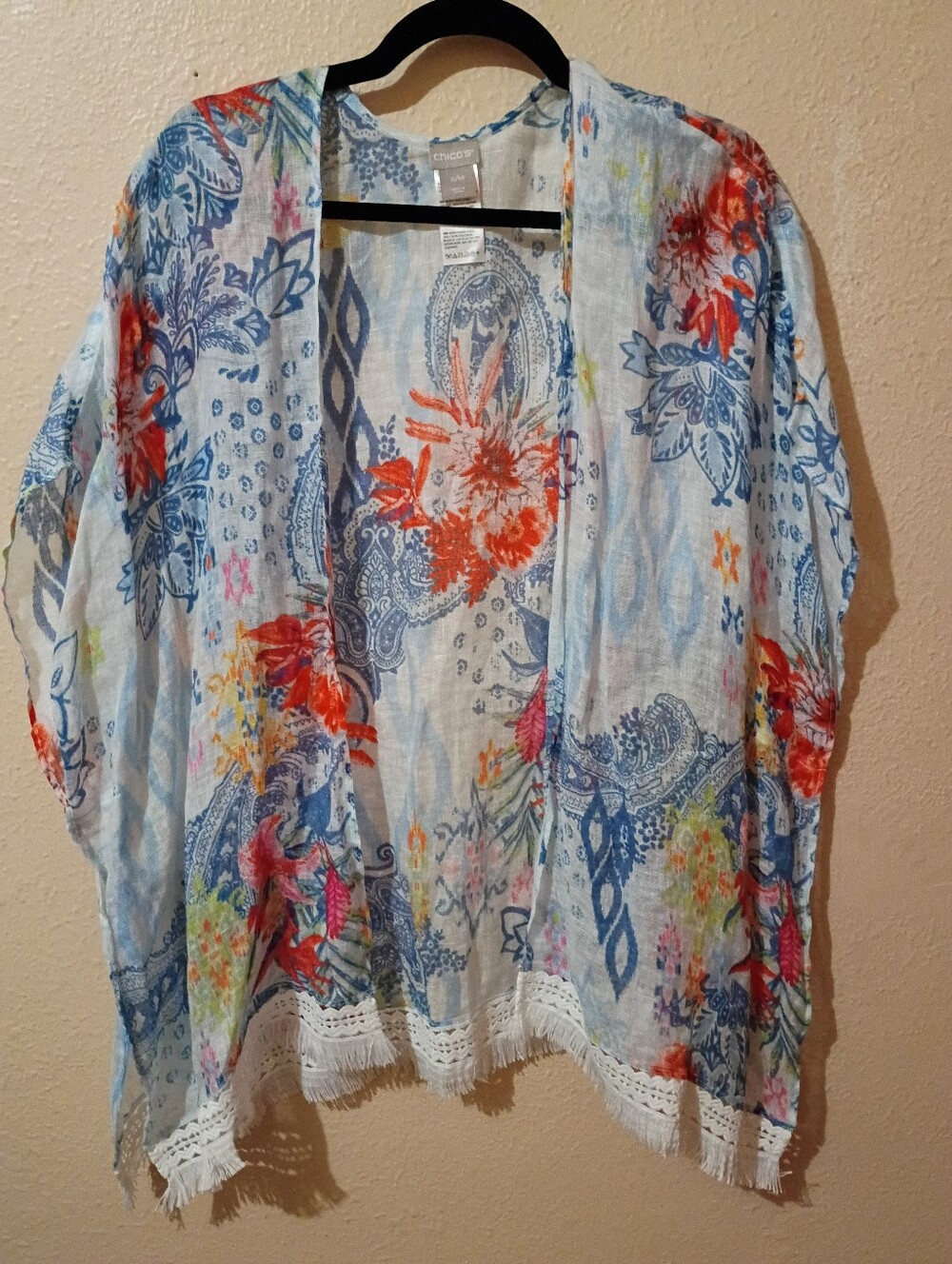 Chicos Size S/M Light Blue Floral Open-Front Kimono Cardigan
